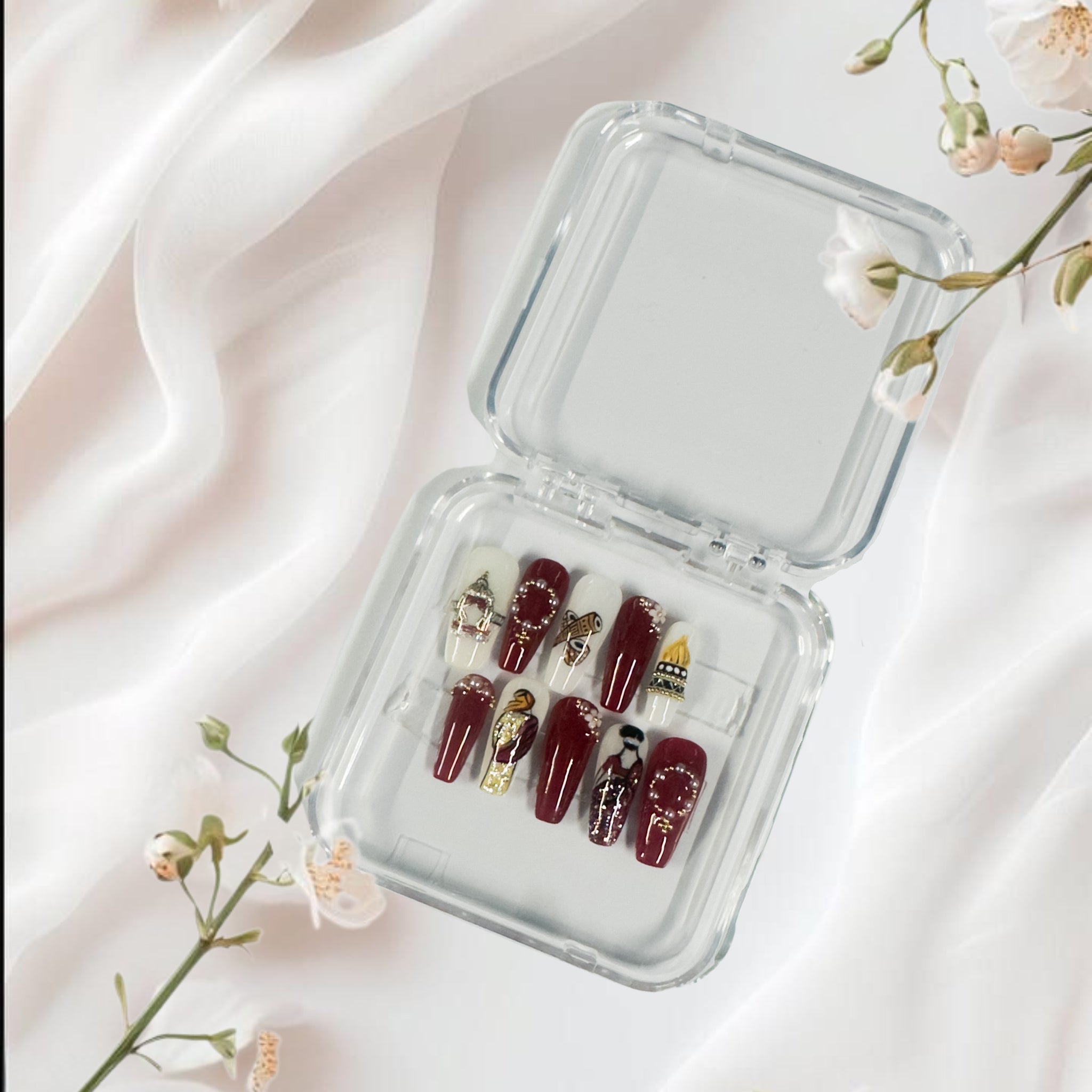 Regal Heritage Press-On Nails – Maroon & Gold Indian Art Set