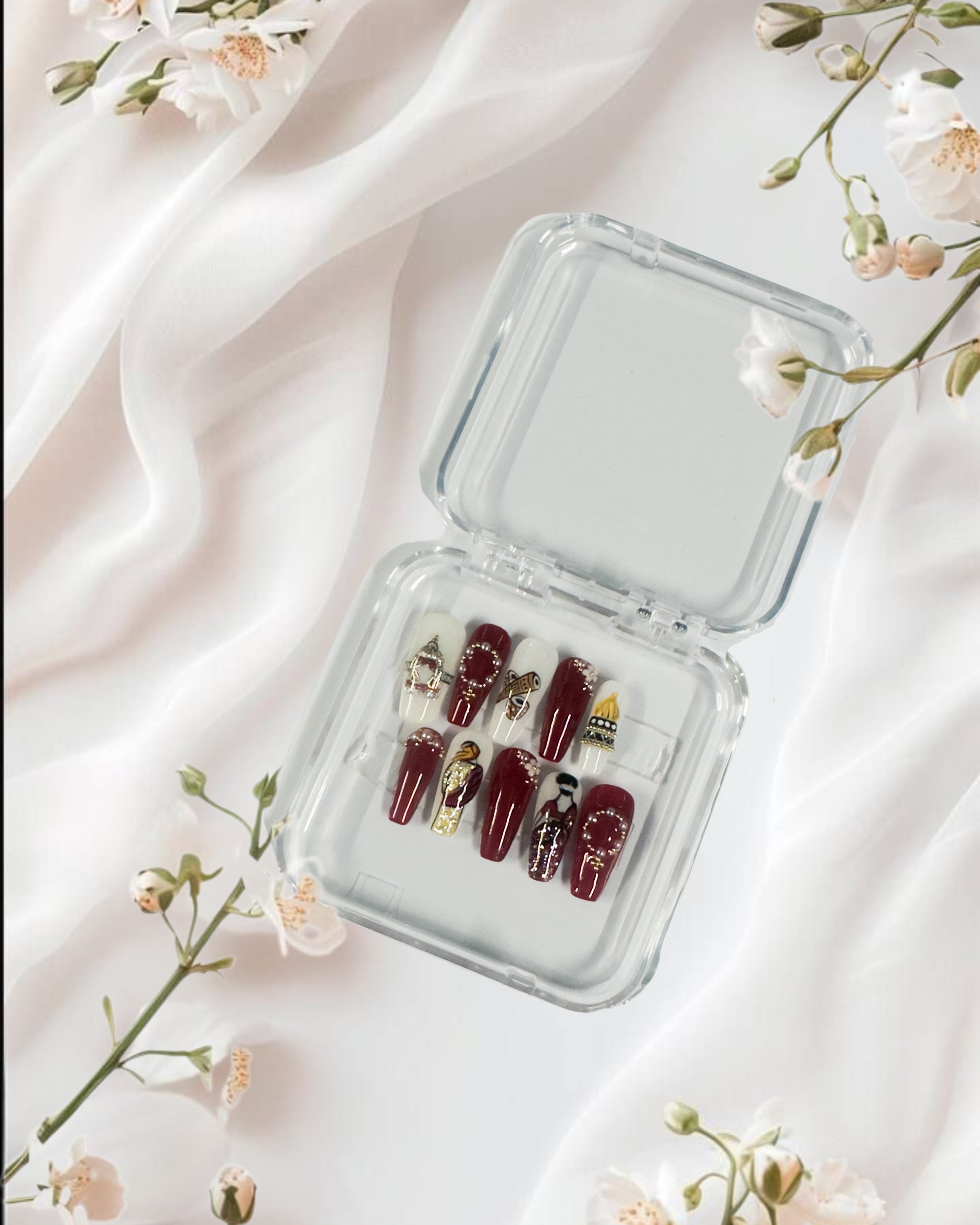 Regal Heritage Press-On Nails – Maroon & Gold Indian Art Set