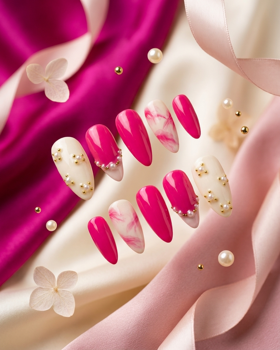 Dreamy pink marble handmade reusable press on nails by Glossora