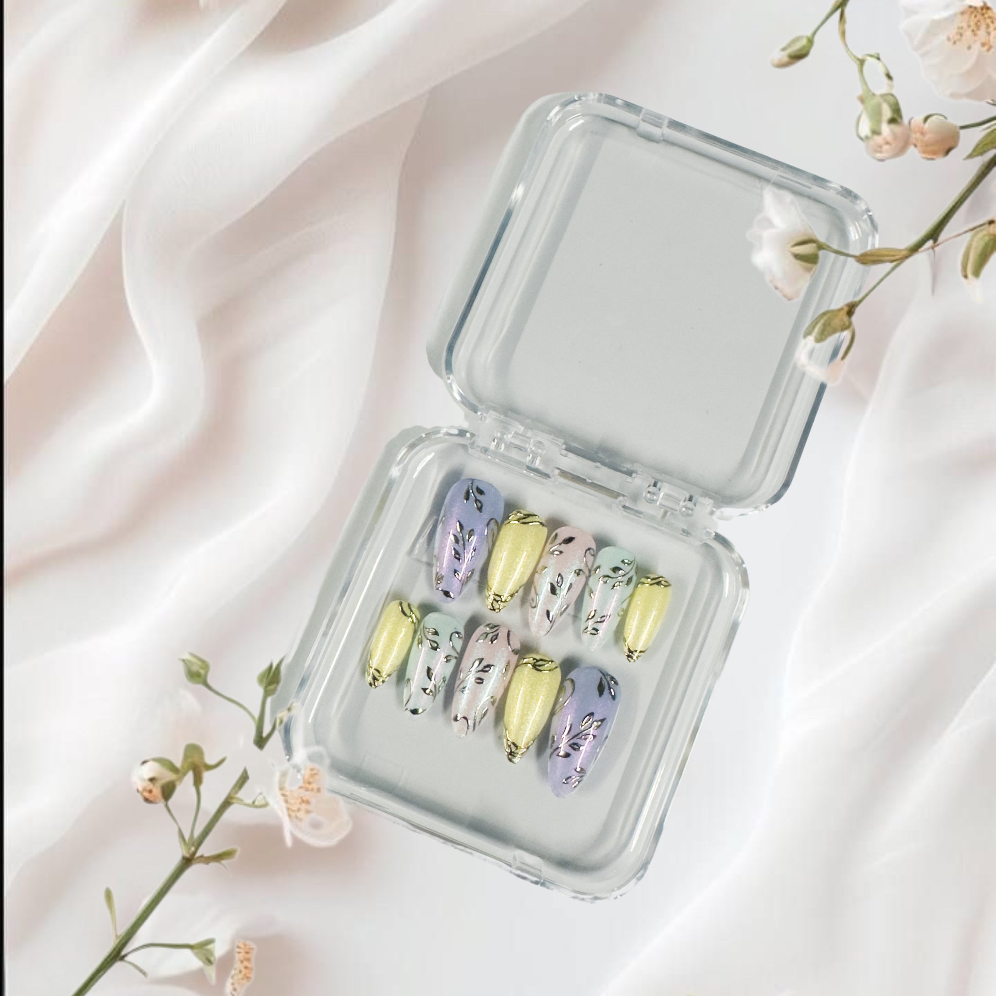 Pastel Bloom Press-On Nails – Lilac, Lemon & Floral Elegance