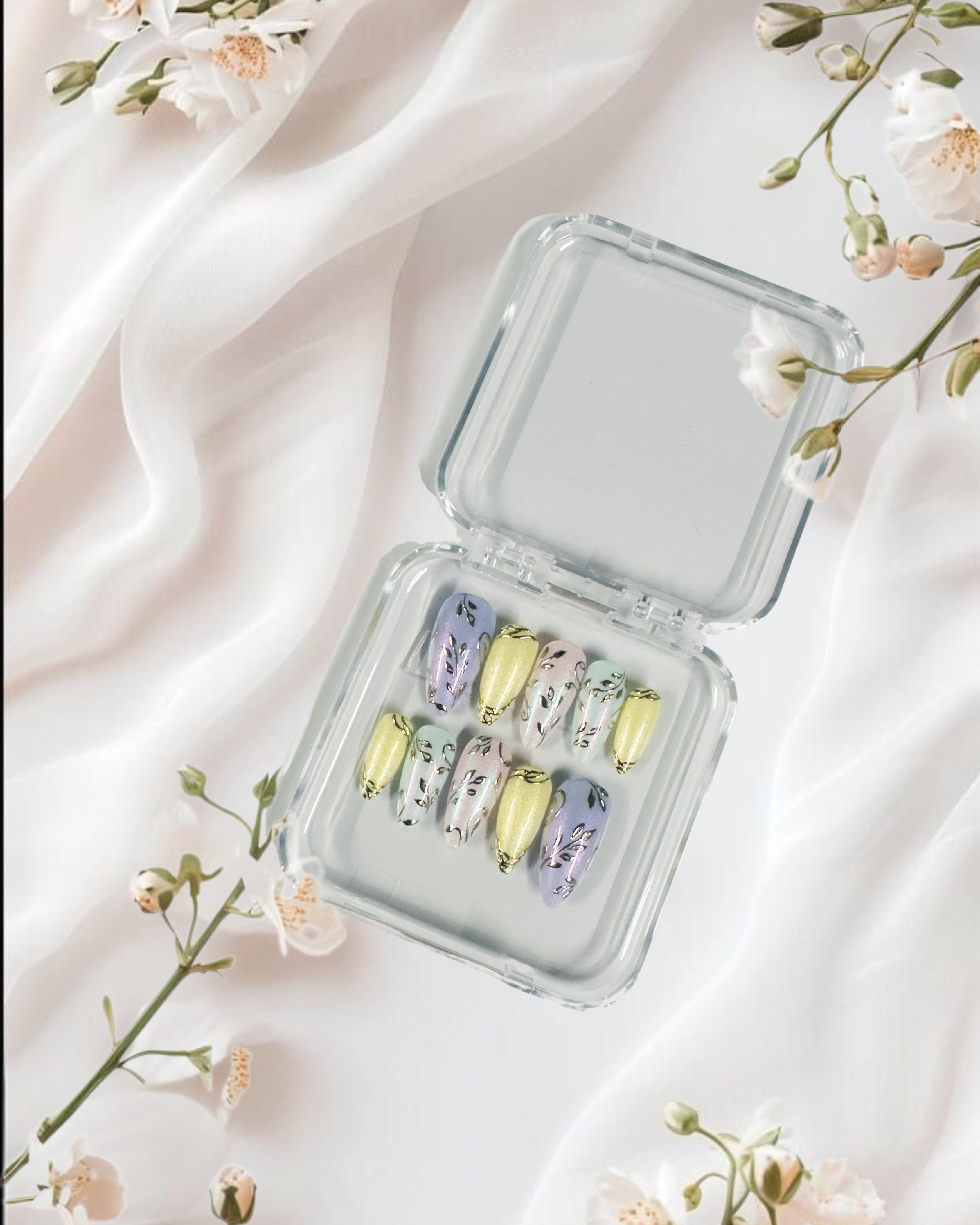 Pastel Bloom Press-On Nails – Lilac, Lemon & Floral Elegance
