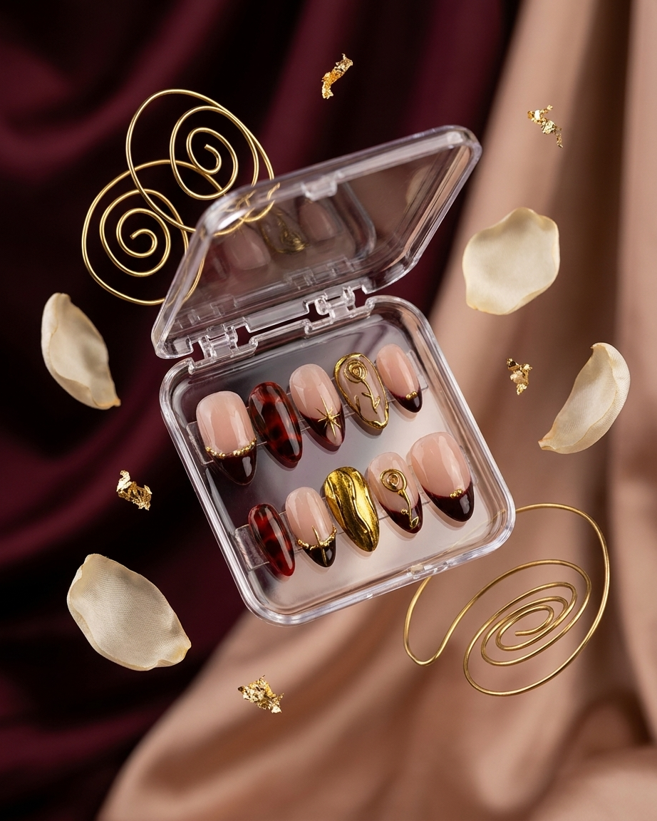 Noir blush gilded handmade reusable press on nails by Glossora