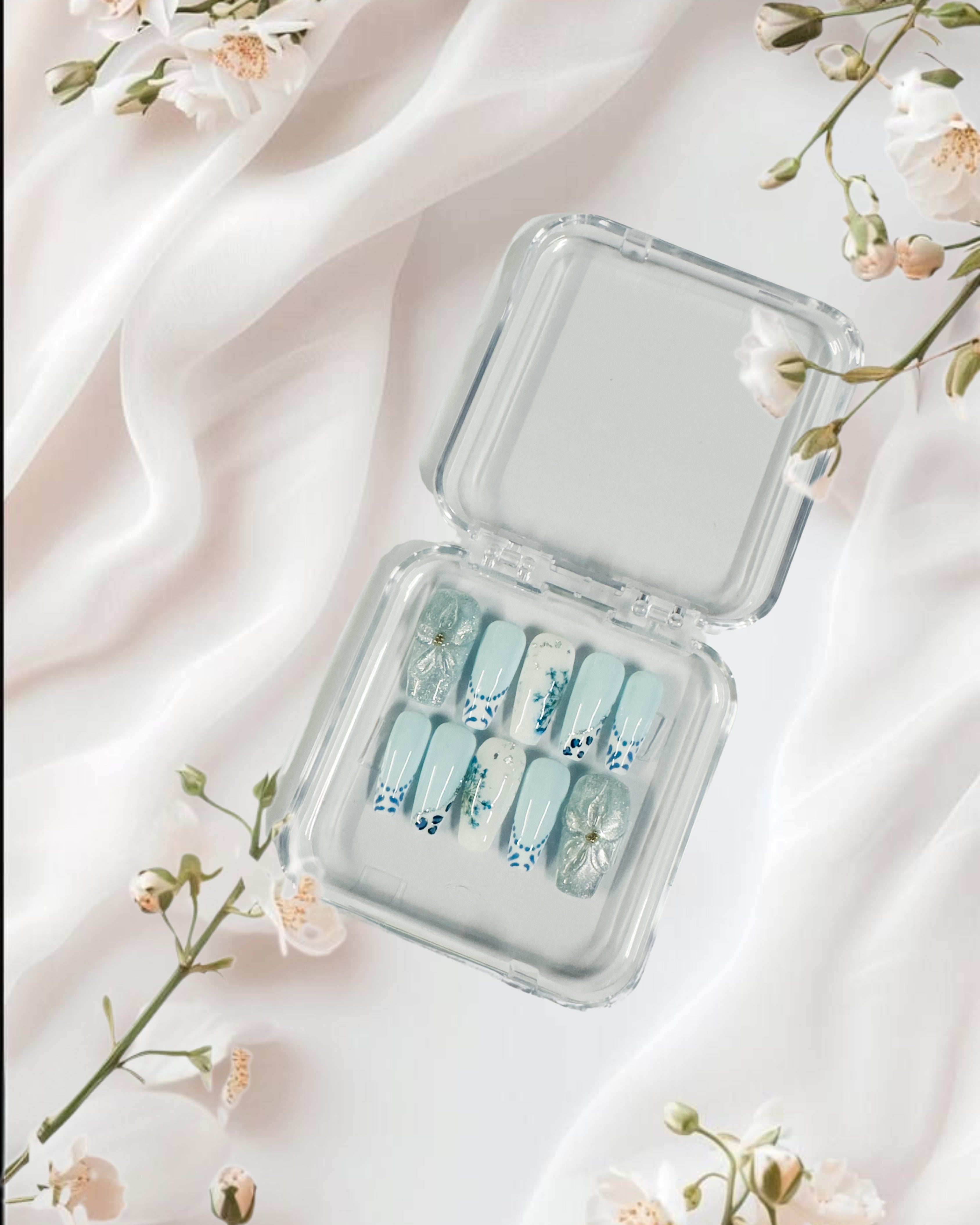Pastel Blue Floral Press-On Nails with Bow Embellishments – Elegant & Charming