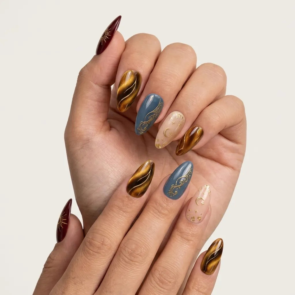 A close-up of a hand with manicured almond-shaped nails featuring a mix of metallic gold, blue-gray, brown tiger-eye, and clear glitter designs against a light beige background.