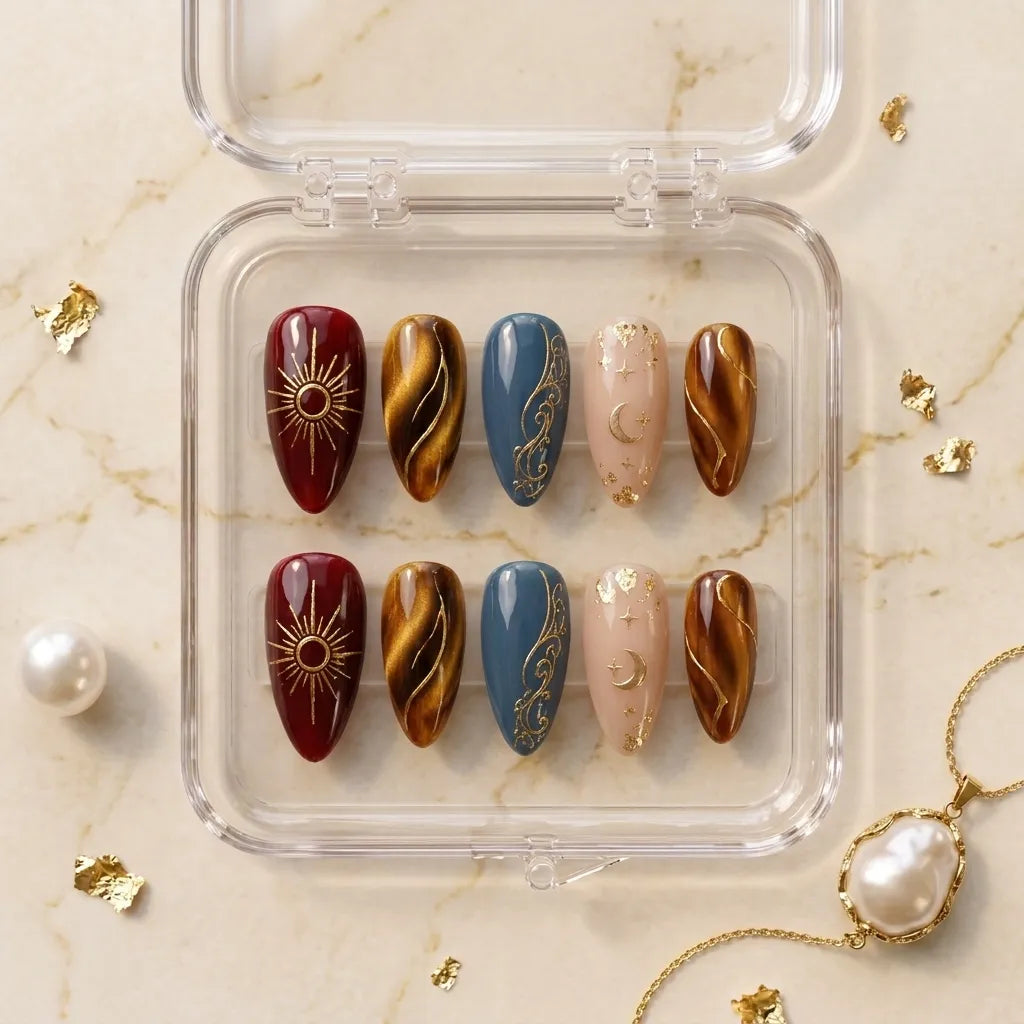 A set of 10 press-on nails displayed in a clear plastic case on a beige marble surface, surrounded by decorative gold foil, a pearl, and a gold necklace. The nails feature a mix of deep red with gold sunburst designs, metallic gold swirls, slate blue with gold filigree, pale pink with gold crescent moon designs, and metallic gold swirls.