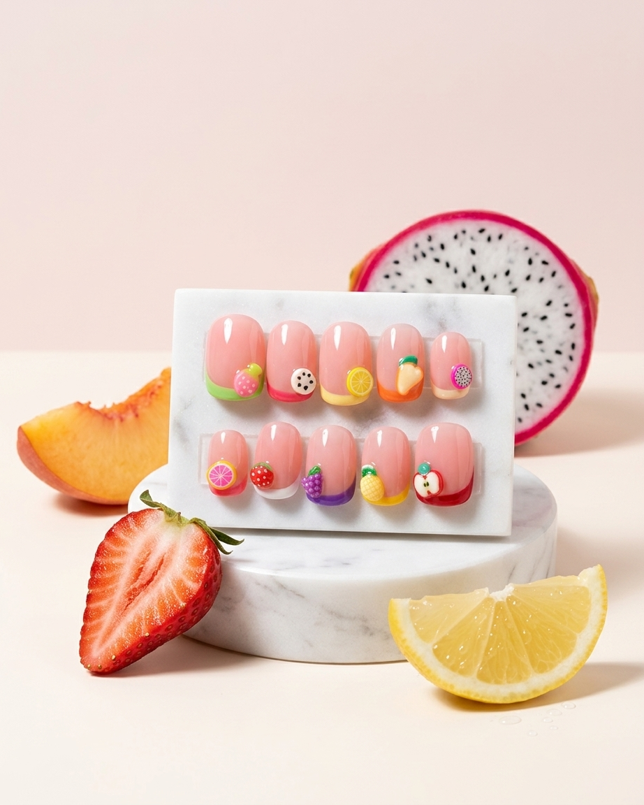 Peach fruit accent handmade reusable press on nails by Glossora