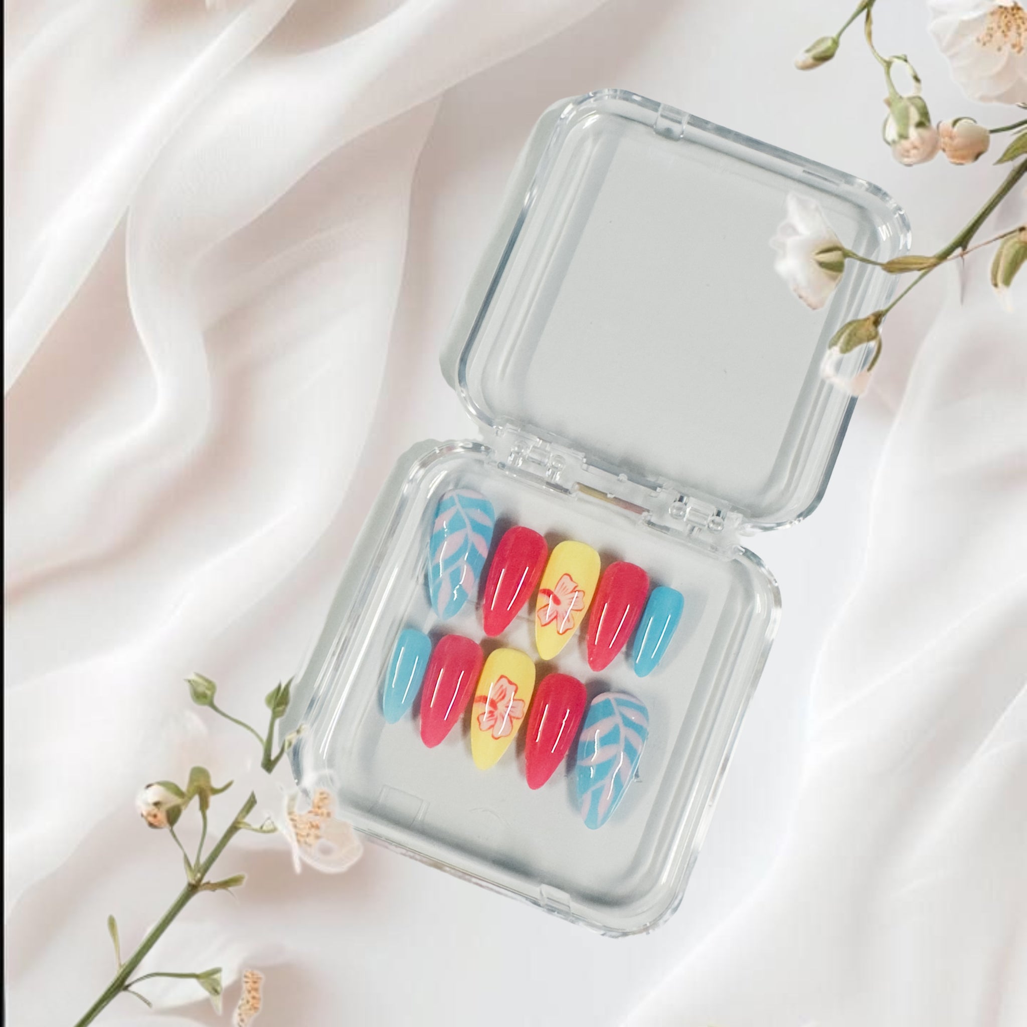 Tropical Paradise Press-On Nails – Vibrant Pink, Yellow & Blue with Leaf Art