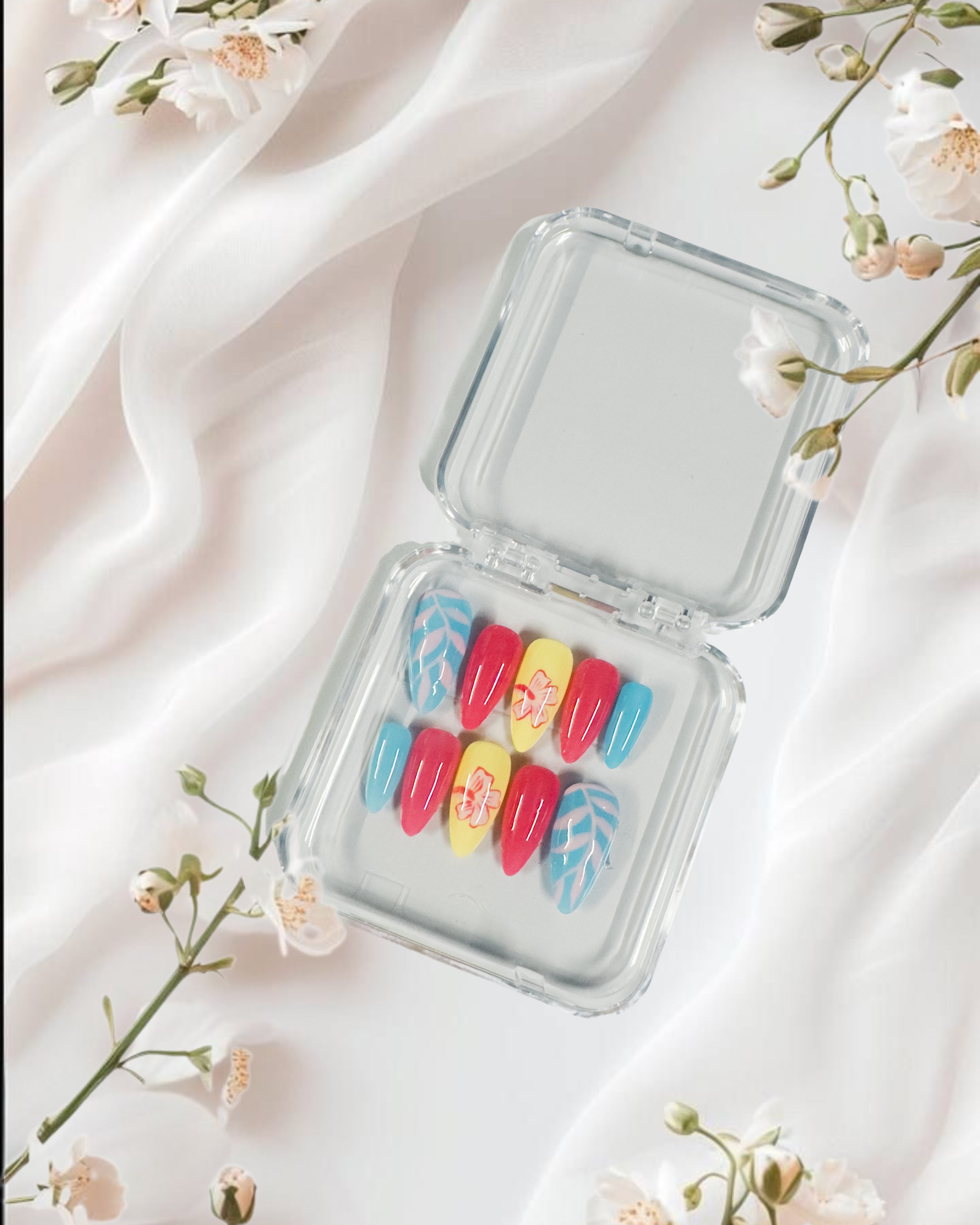 Tropical Paradise Press-On Nails – Vibrant Pink, Yellow & Blue with Leaf Art