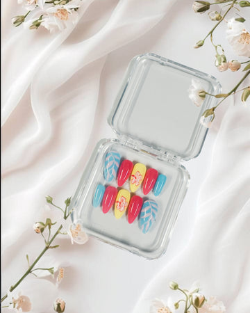 Tropical Paradise Press-On Nails – Vibrant Pink, Yellow & Blue with Leaf Art