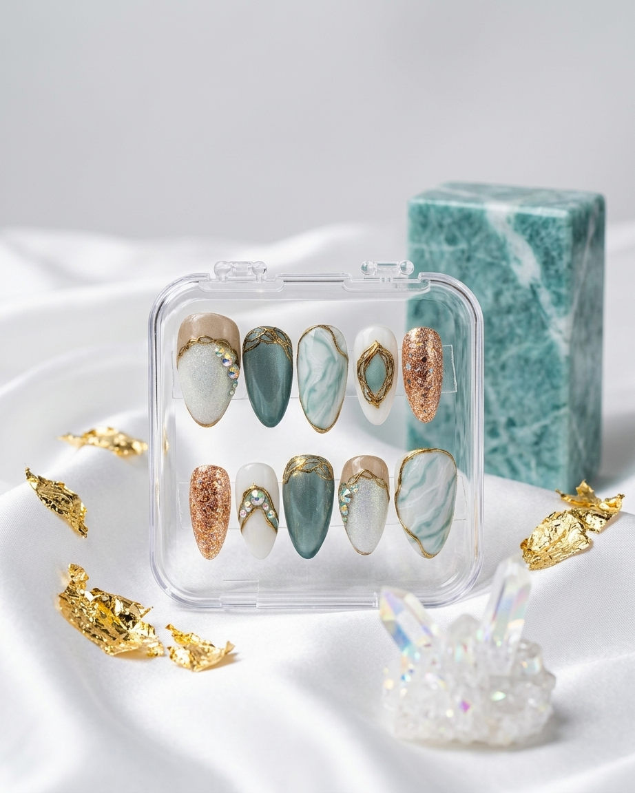 Sea gold shine handmade reusable press on nails by Glossora