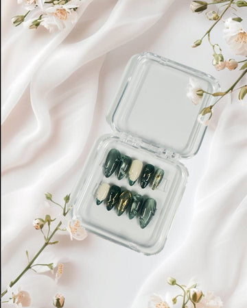 Emerald Marble Press-On Nails with Gold Foil – Luxe & Elegant