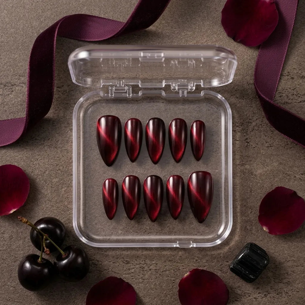 A set of ten glossy coffin-shaped press-on nails with a deep red and dark maroon swirl pattern, displayed in an open clear plastic case on a textured gray surface with decorative red rose petals, a purple ribbon, and dark cherries.