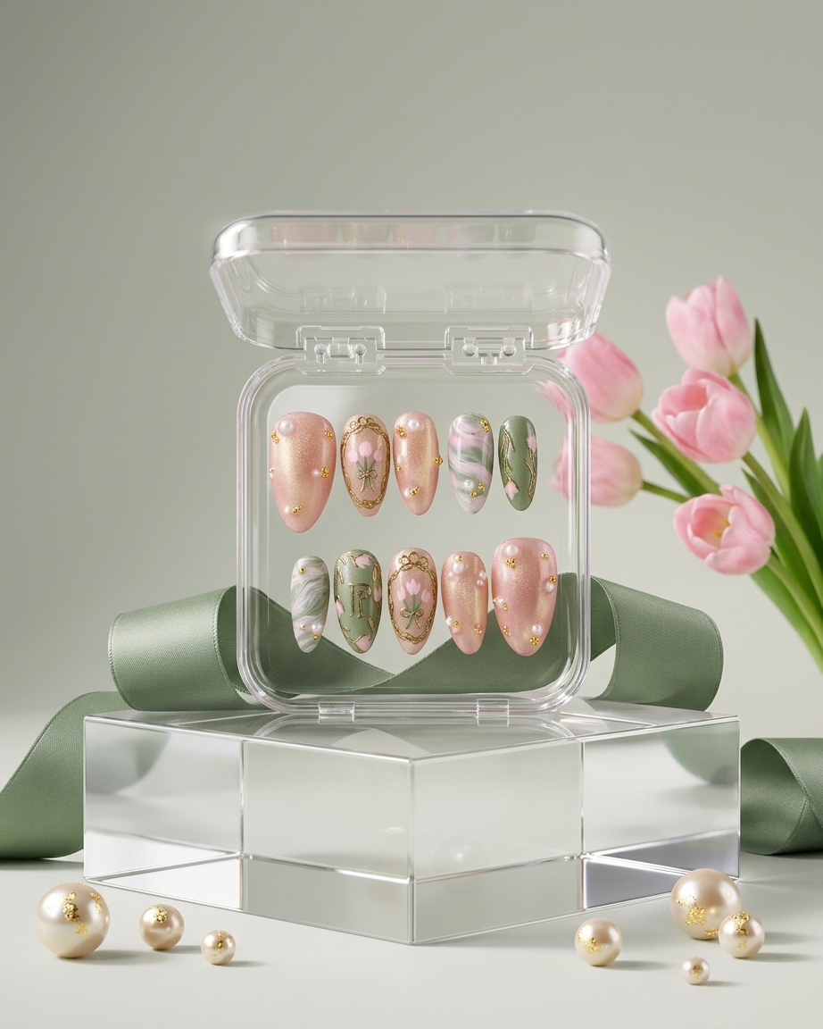 Fresh garden marble handmade reusable press on nails by Glossora