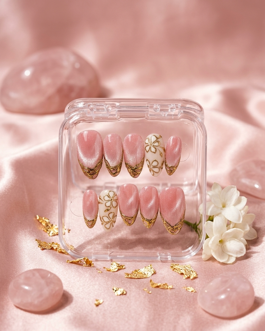 Pink gold flower handmade reusable press on nails