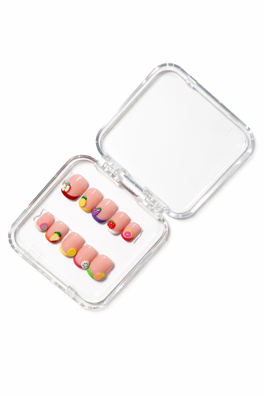 Peach-nude press-on set with colorful fruit accents 🍓🍊🍍