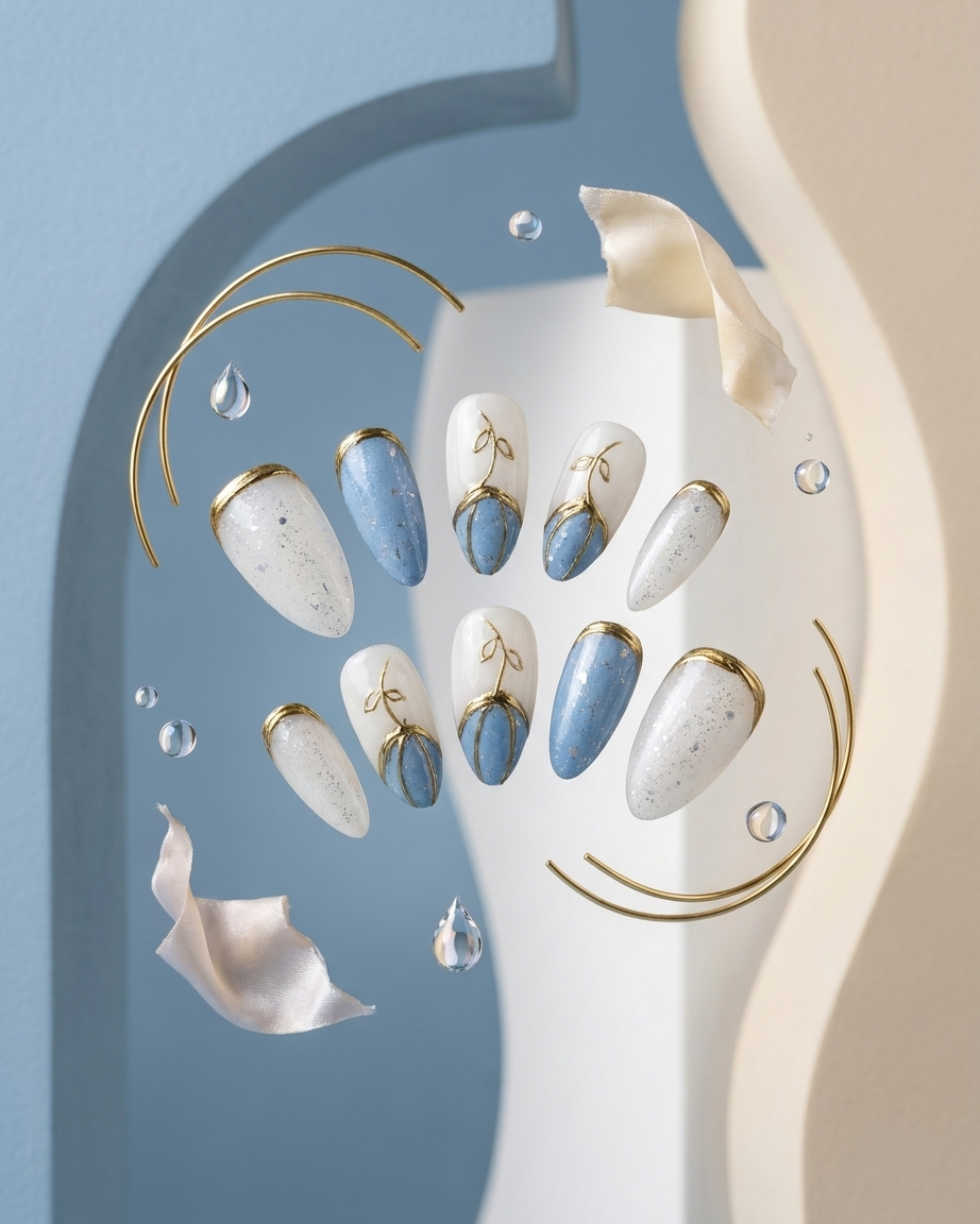 Light gold ocean handmade reusable press on nails by Glossora
