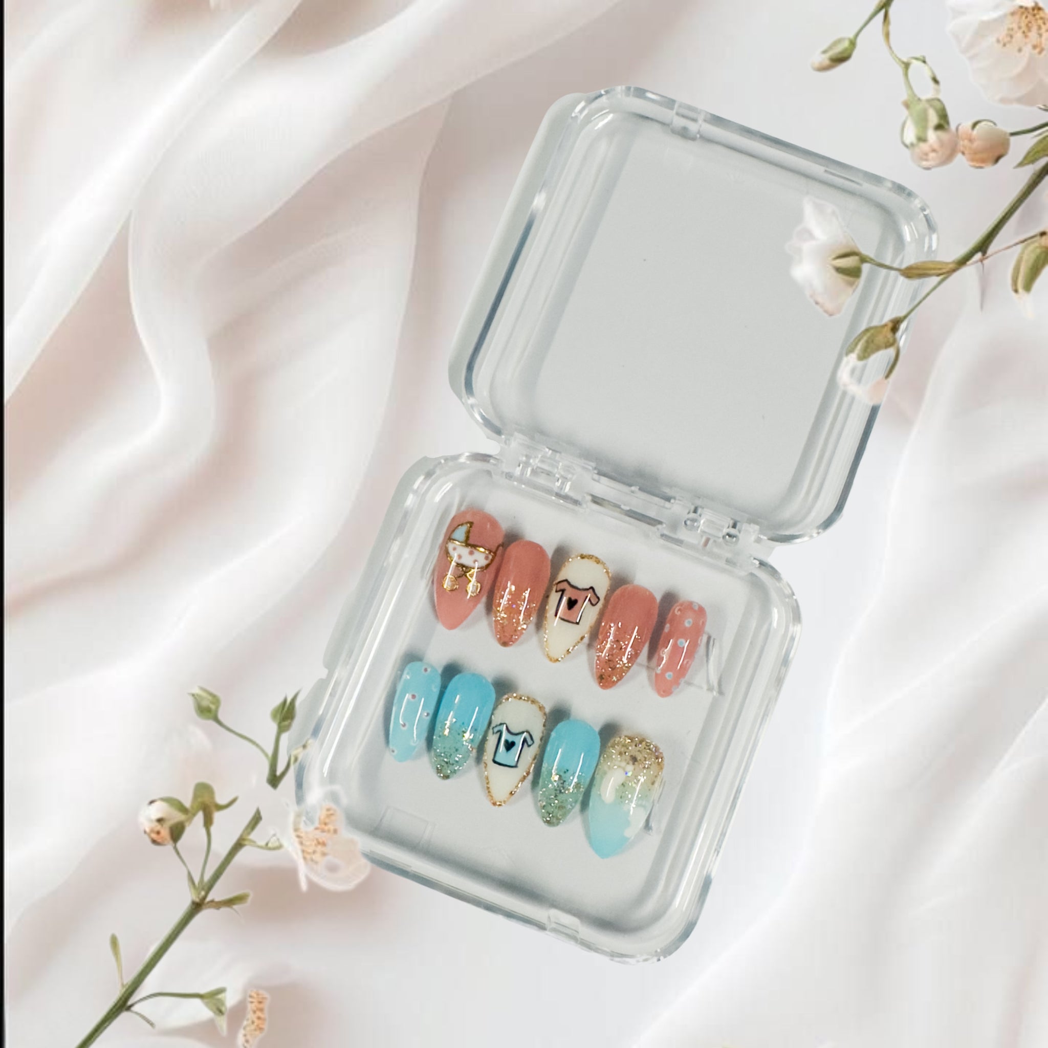 Zodiac Taurus Press-On Nails – Pastel Blue & Coral with Gold Glitter