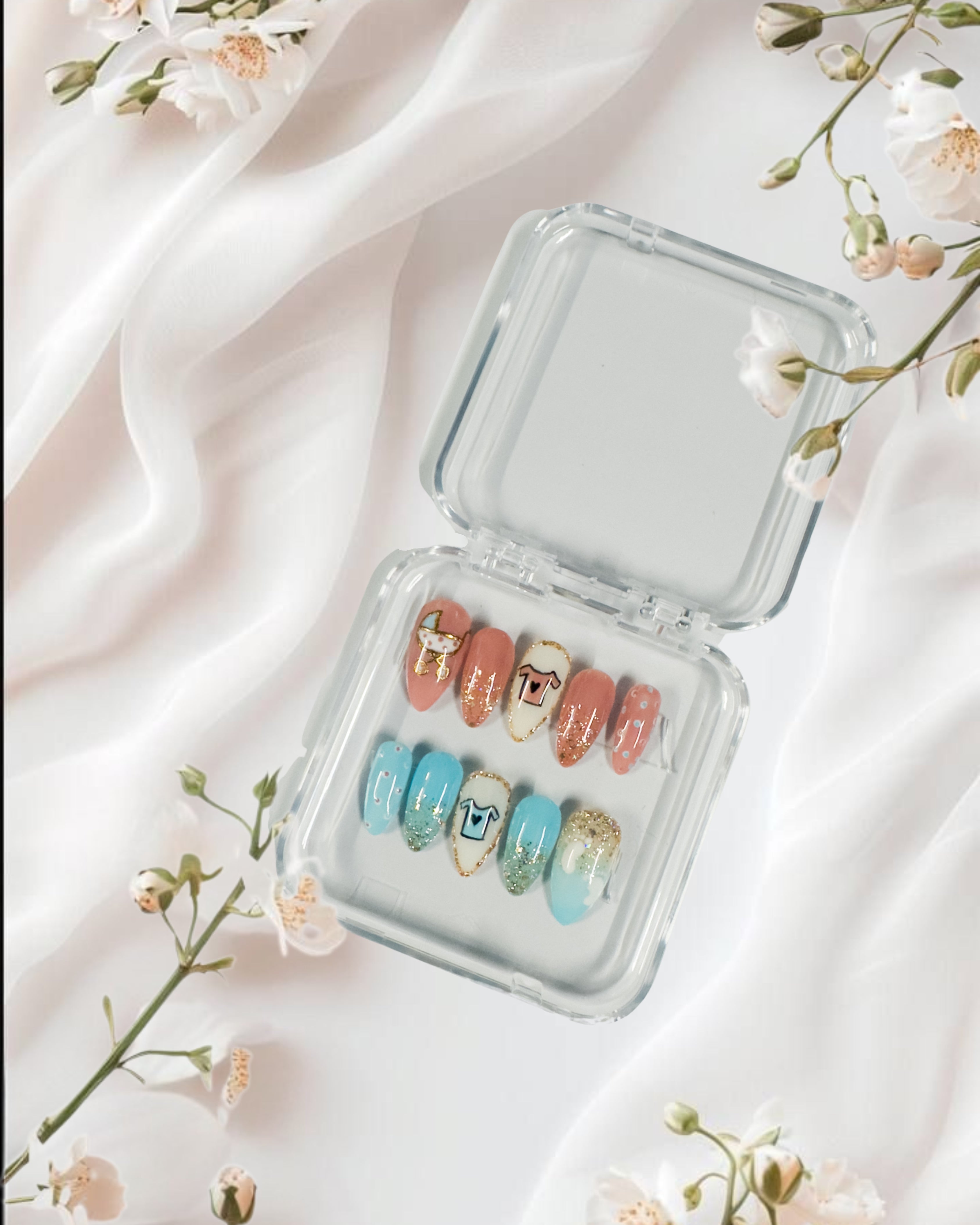Zodiac Taurus Press-On Nails – Pastel Blue & Coral with Gold Glitter