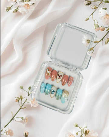 Zodiac Taurus Press-On Nails – Pastel Blue & Coral with Gold Glitter