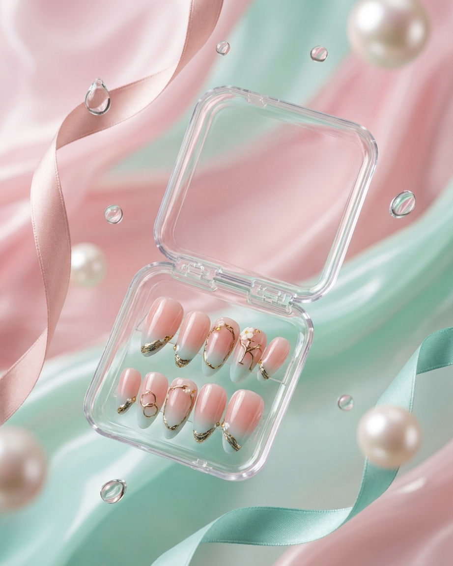Blue pink tip handmade reusable press on nails