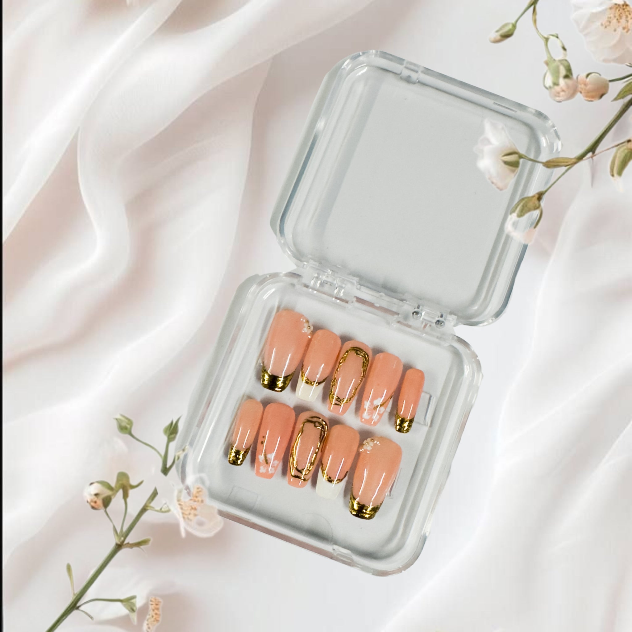 Peach Nude Press-On Nails with Gold Tips & Minimal Floral Accents