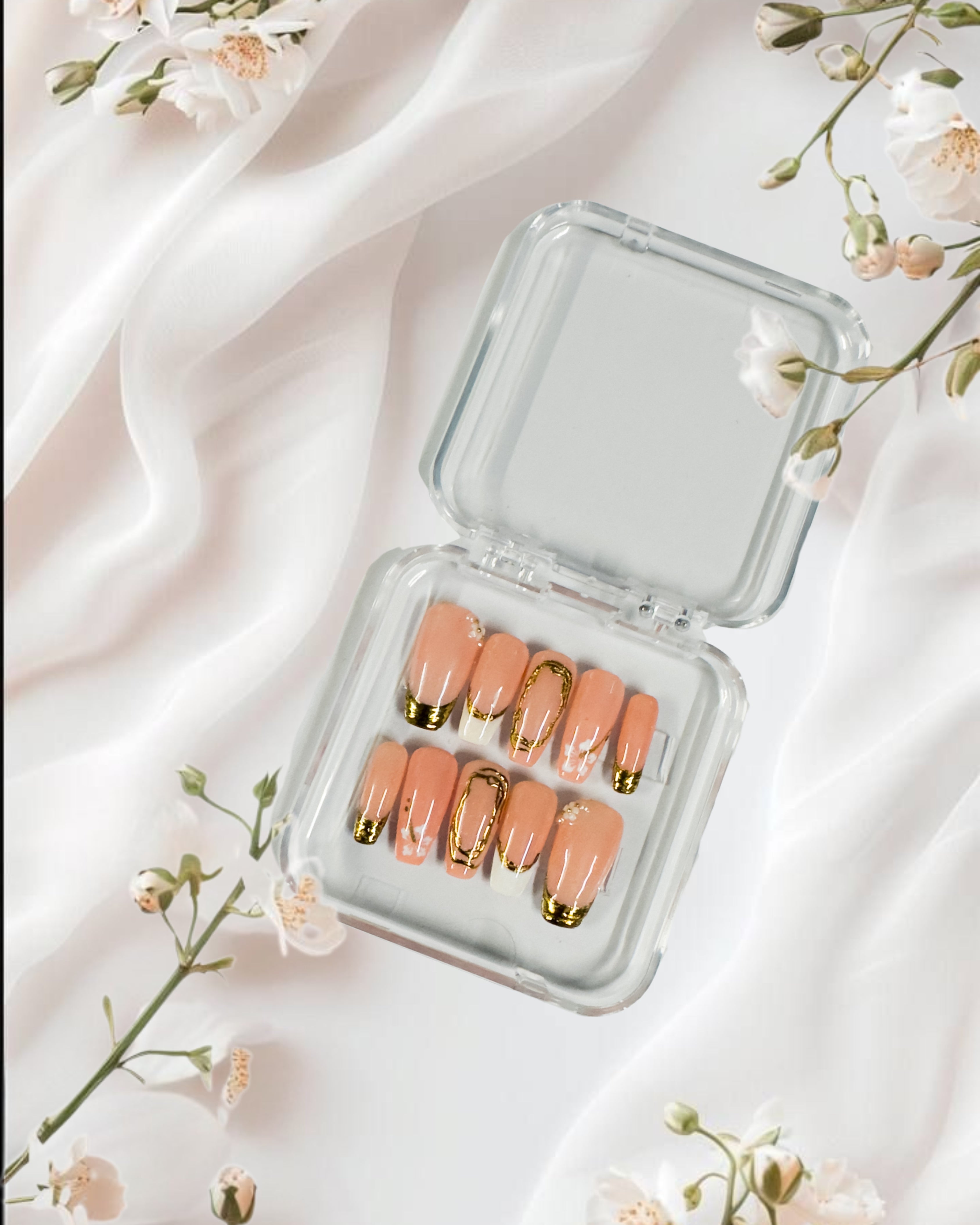 Peach Nude Press-On Nails with Gold Tips & Minimal Floral Accents