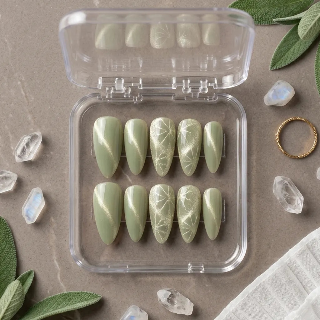 A set of ten press-on nails in a clear plastic case, featuring a light sage green color with white leaf patterns on two of the nails. The case is displayed on a textured gray surface surrounded by decorative elements like green leaves, crystals, and a gold ring.
