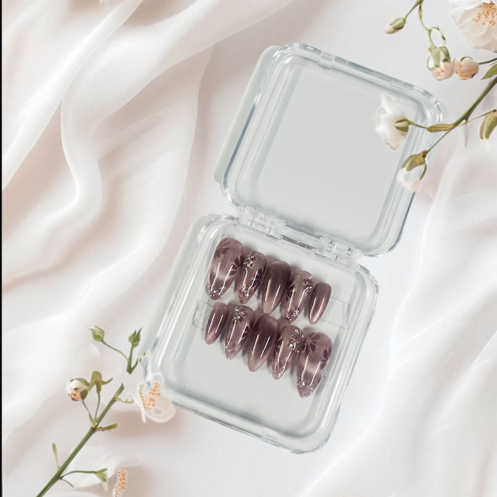 Smoky Mauve Marble Press-On Nails with Subtle Glitter