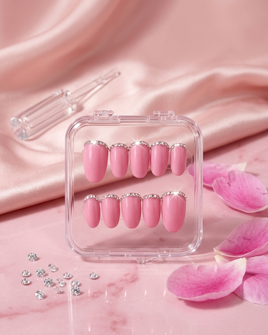 Blush pink crystal handmade reusable press on nails by Glossora