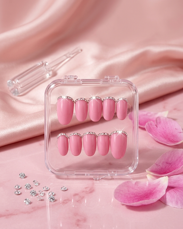 Blush pink crystal handmade reusable press on nails by Glossora