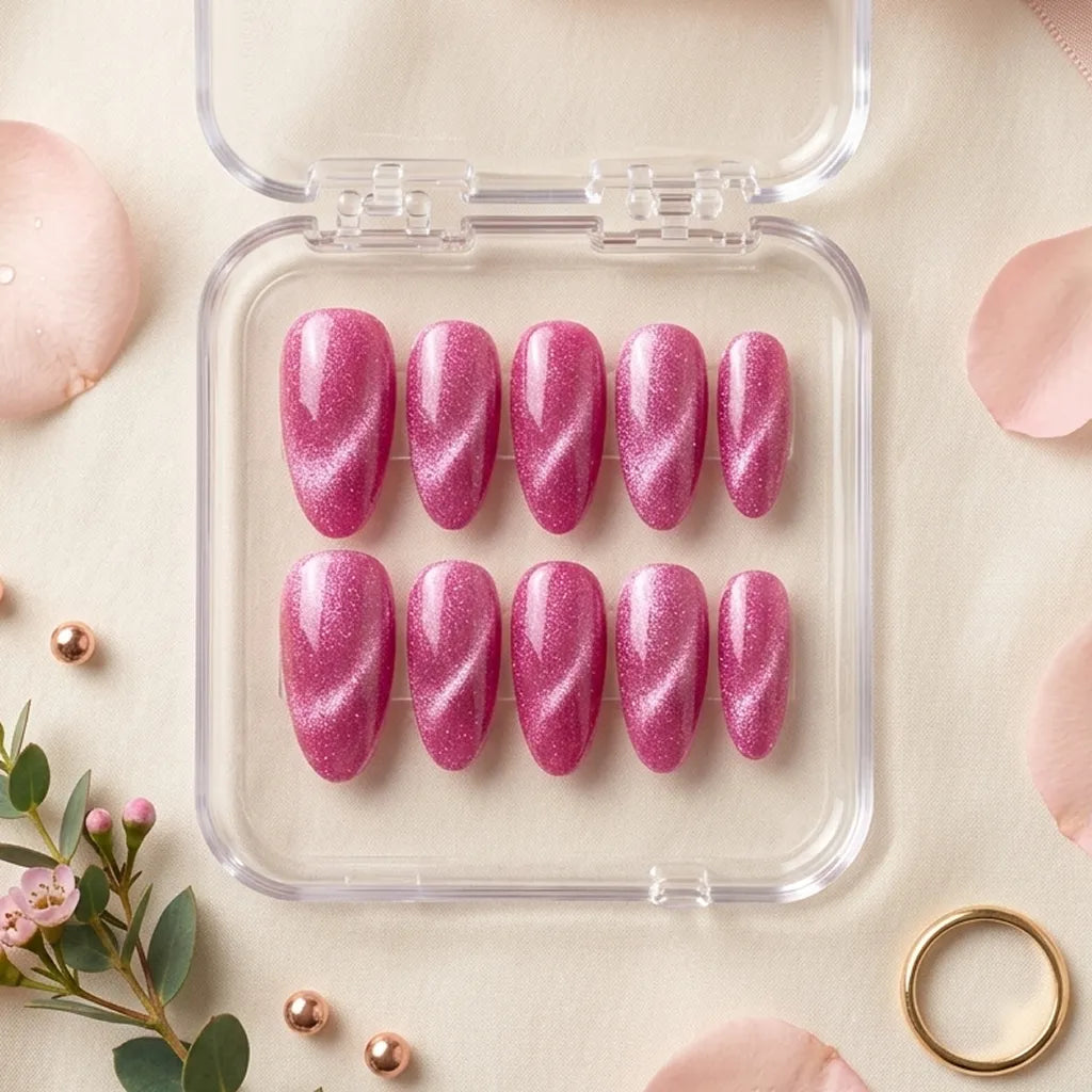 A set of ten false press-on nails in a clear plastic case, arranged on a light beige surface with pink flower petals, rose gold beads, and a gold ring around them. The nails have a shimmering magenta-pink color with a diagonal glittery swirled pattern.