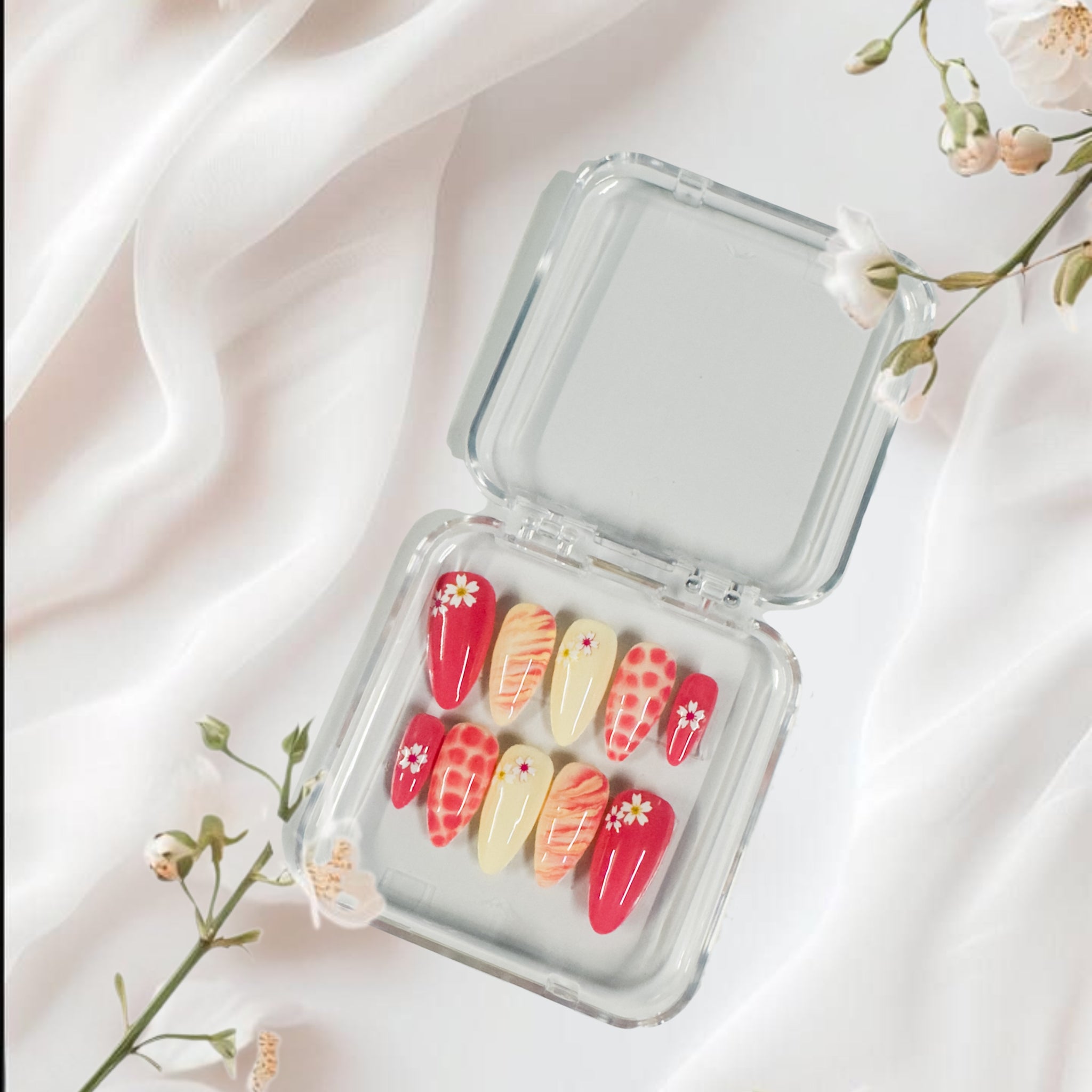 Glossora Red & Yellow Press-On Nails with Daisy Floral Art