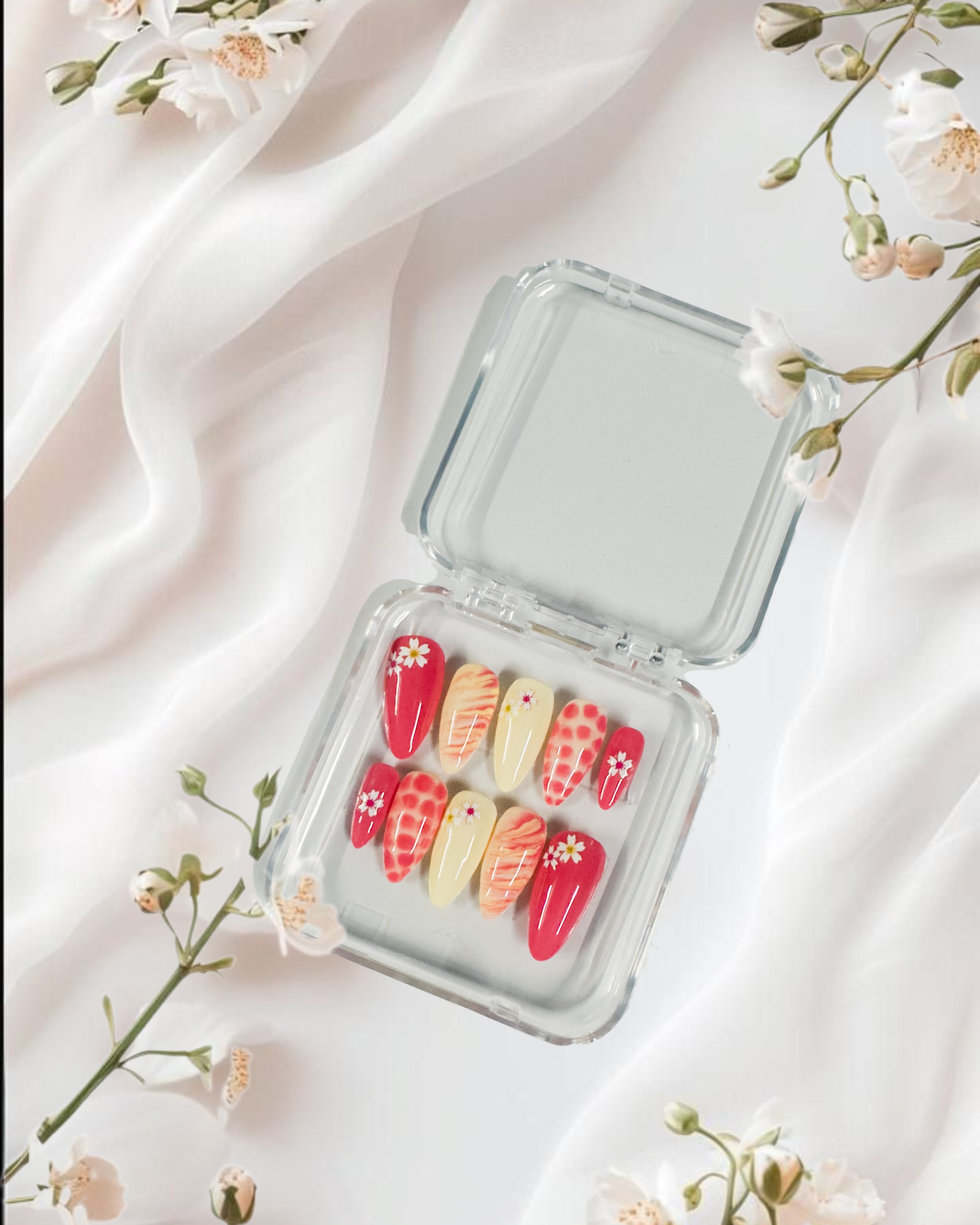 Glossora Red & Yellow Press-On Nails with Daisy Floral Art