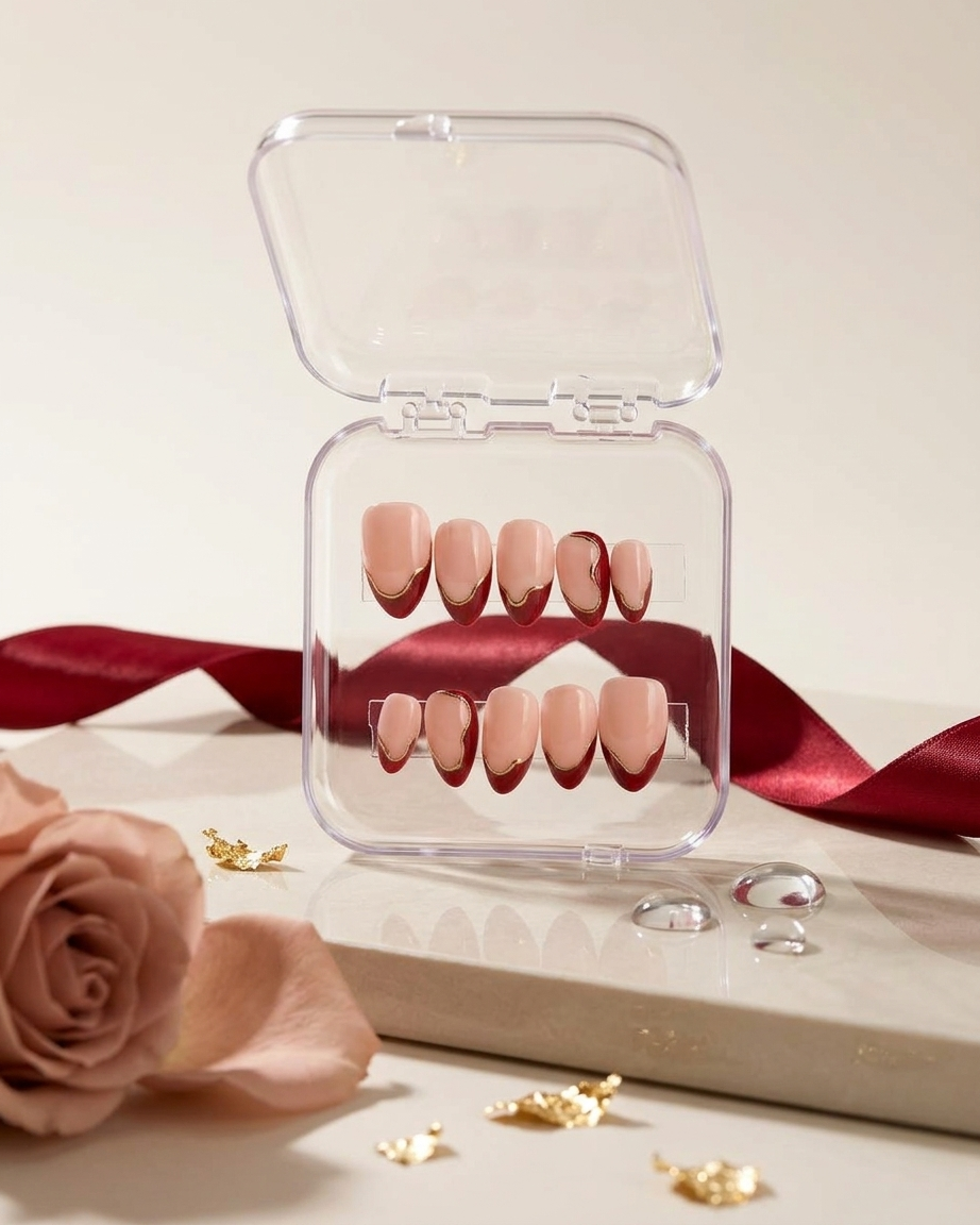 Wine blush french handmade reusable press on nails by Glossora