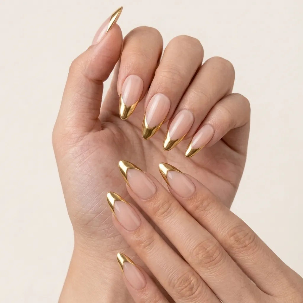 A close-up of hands showcasing a stiletto manicure with a glossy nude base and sharp metallic gold tips, set against a solid light beige background.