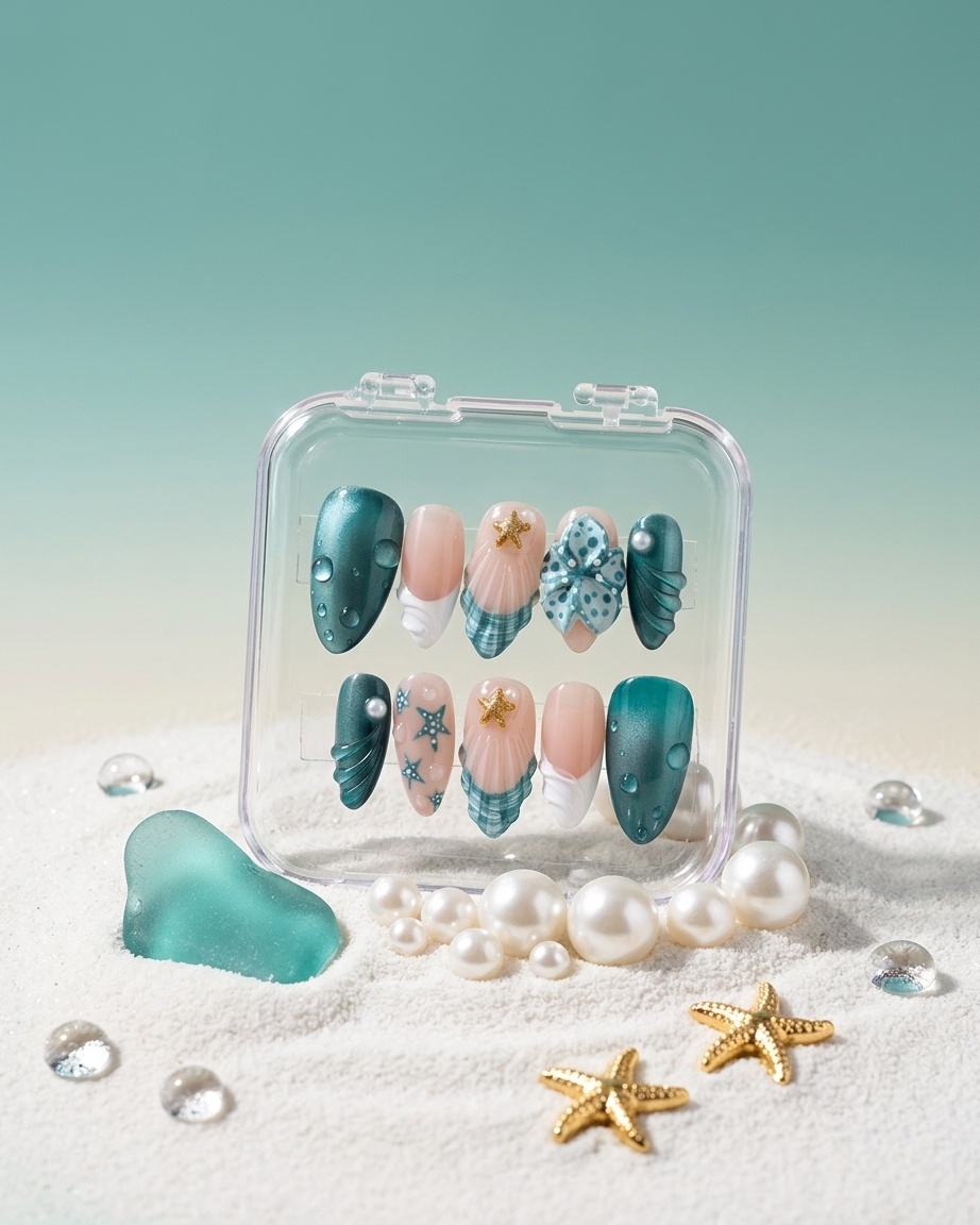 Mermaid cove handmade reusable press on nails by Glossora