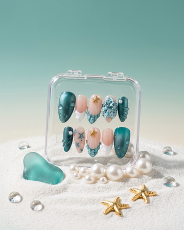 Mermaid cove handmade reusable press on nails by Glossora