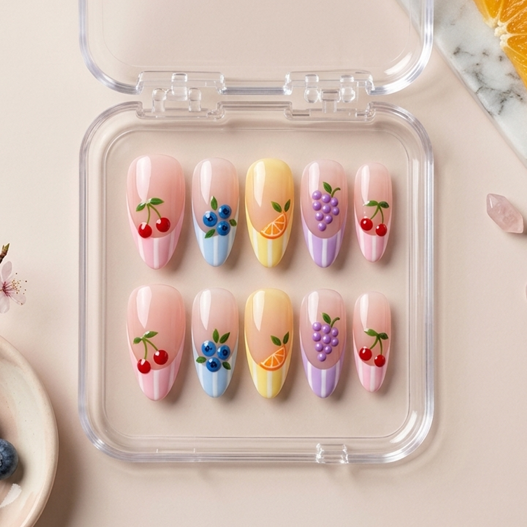 A set of ten false press-on nails displayed in a clear plastic case, featuring pastel pink, yellow, and lavender bases with cherry, blueberry, grape, and citrus fruit illustrations.