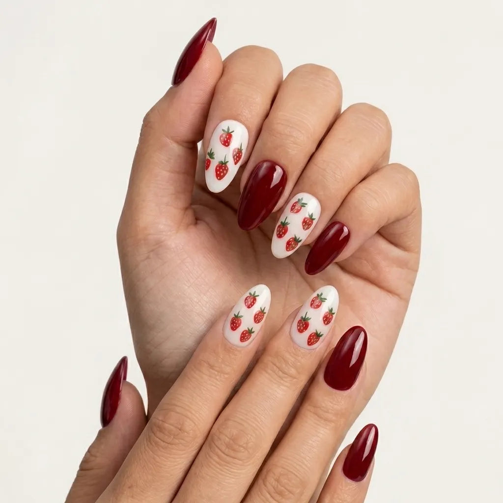 A set of 10 press-on nails arranged in a clear plastic case on a light beige background, surrounded by decorative strawberry leaves, dried flowers, and loose strawberries. The nails feature a color-blocked design with deep burgundy red, white, and strawberry illustrations.