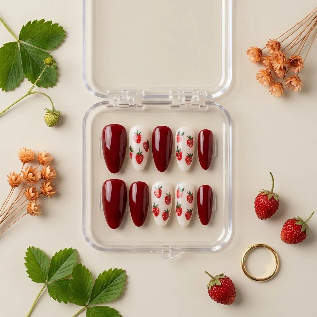 A set of 10 press-on nails arranged in a clear plastic case on a light beige background, surrounded by decorative strawberry leaves, dried flowers, and loose strawberries. The nails feature a color-blocked design with deep burgundy red, white, and strawberry illustrations.