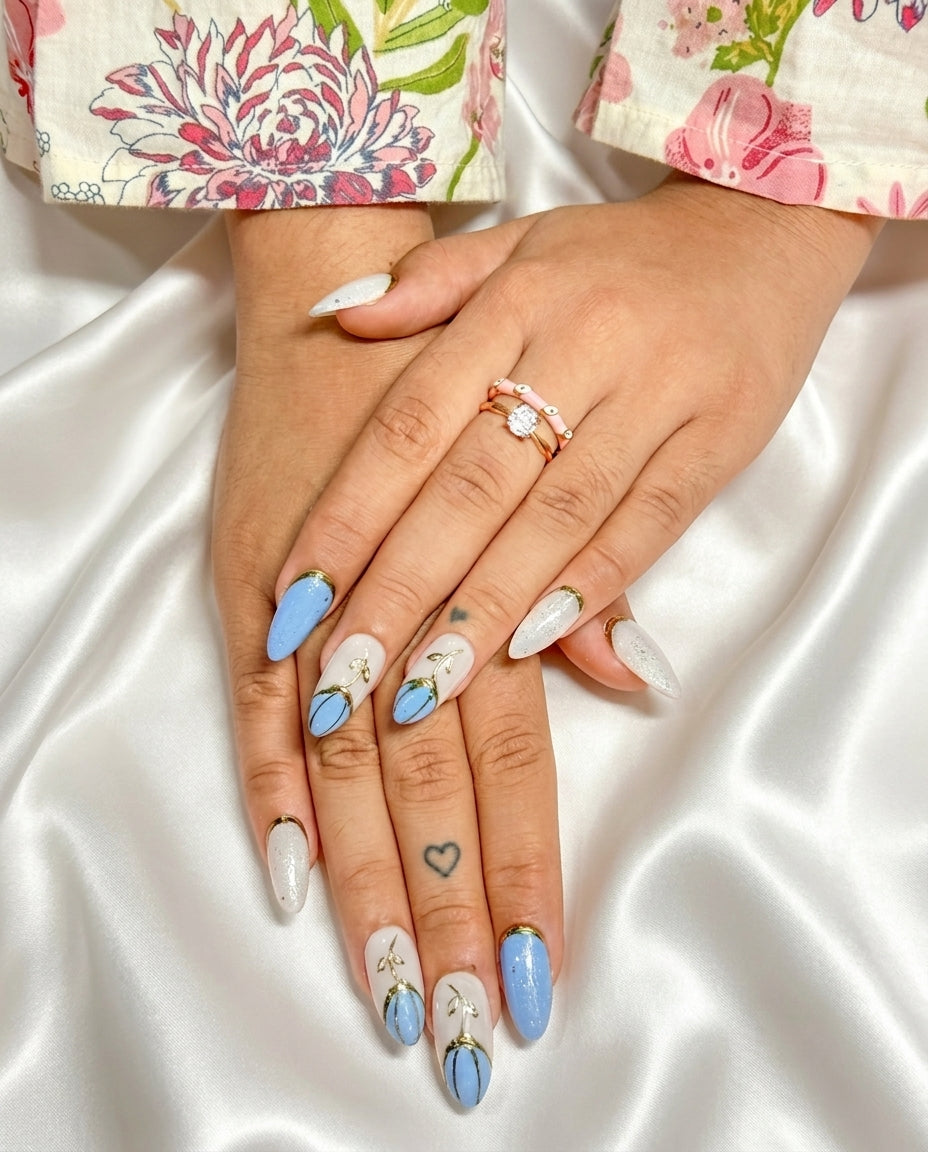 Light gold ocean handmade reusable press on nails by Glossora