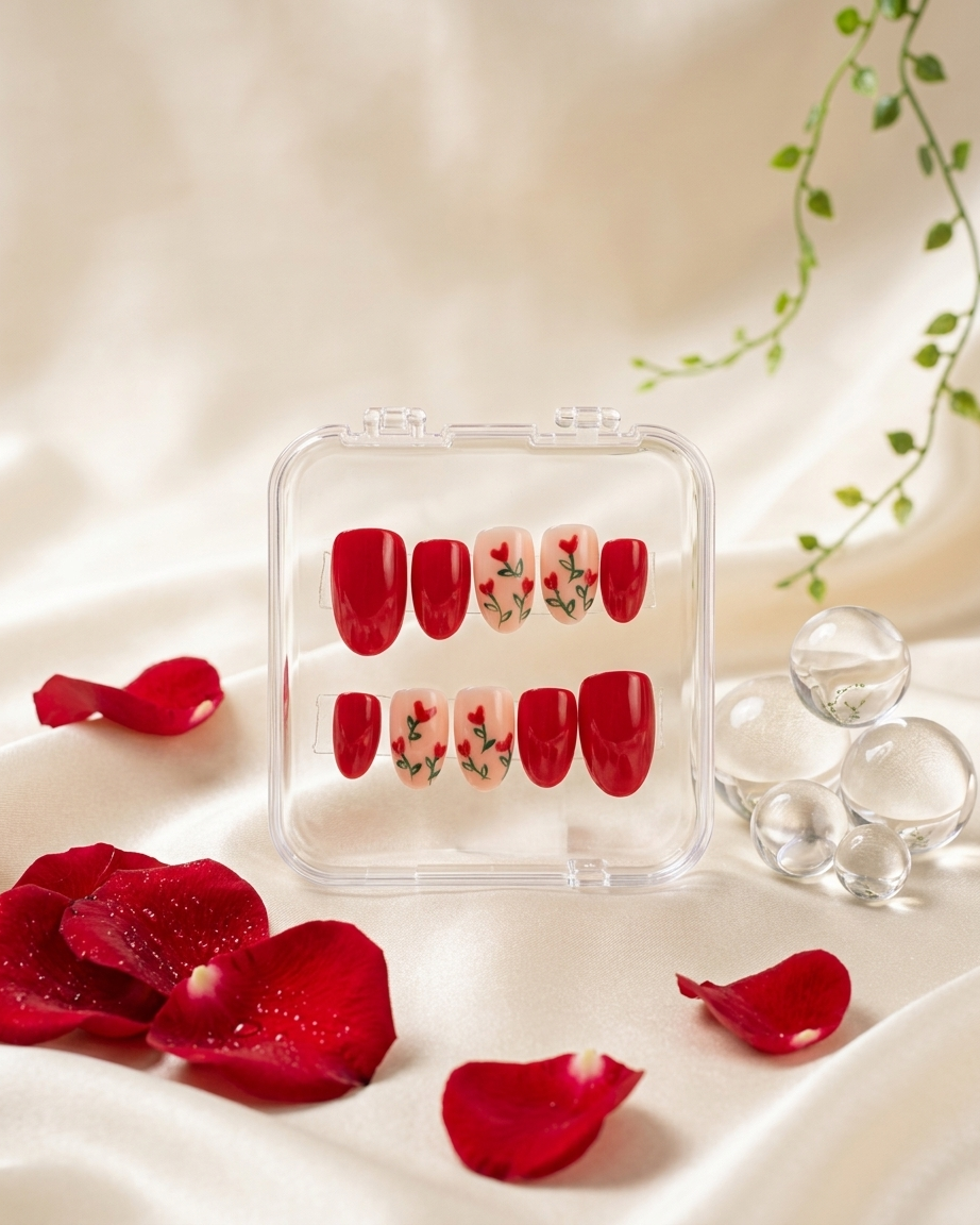 Scarlet floral gloss handmade reusable press on nails by Glossora