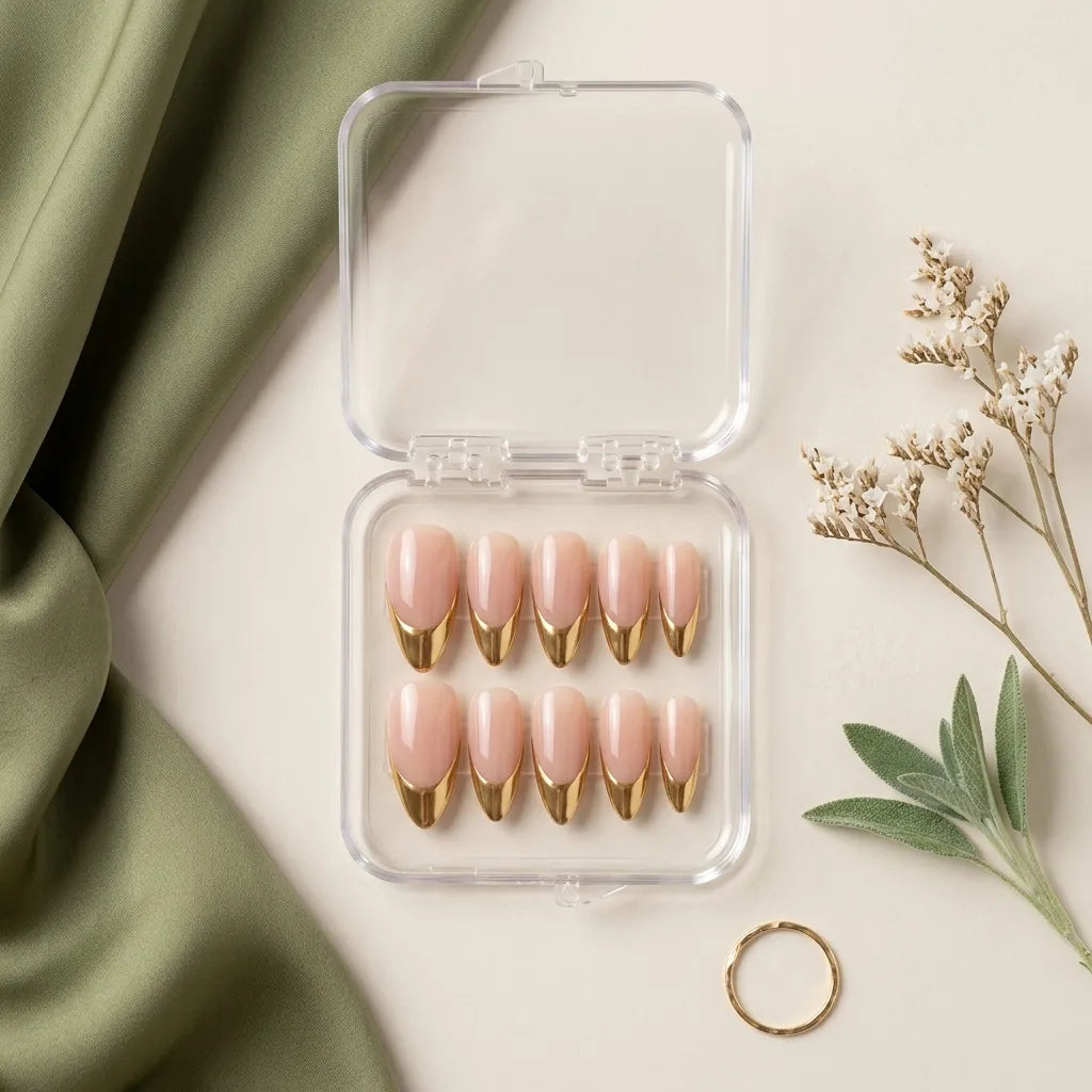 A set of false press-on nails in a clear plastic case, featuring a soft blush pink base with metallic gold tips. The case is styled on a light beige surface with a sage green fabric drape, dried flowers, and a gold ring.