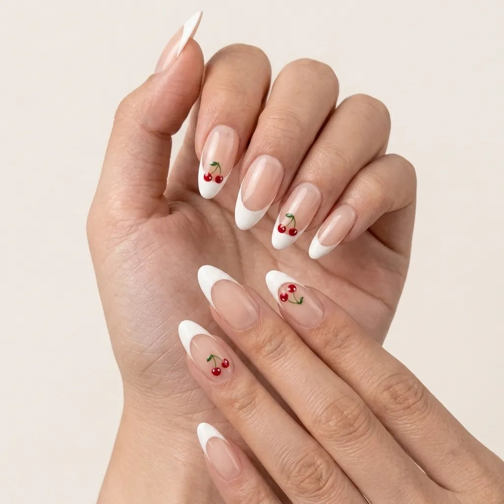 A set of 10 false press-on nails in a clear plastic case, featuring a nude pink and white French tip design with cherry details on two nails, displayed on a light beige background with a green leaf and a gold ring prop.
