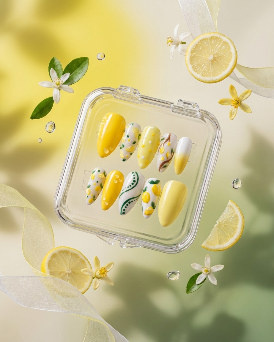 Lemon grove handmade reusable press on nails by Glossora