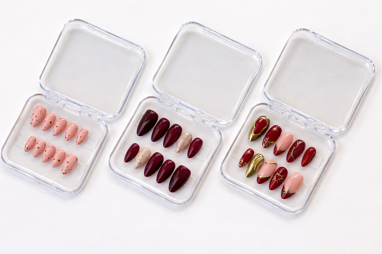 Blush Dots, Wine Glam & Regal Red Press-On Nail Combo Set (3 Styles)