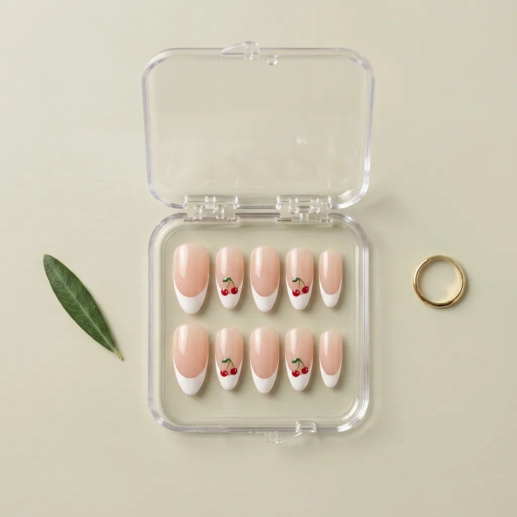 A set of 10 false press-on nails in a clear plastic case, featuring a nude pink and white French tip design with cherry details on two nails, displayed on a light beige background with a green leaf and a gold ring prop.