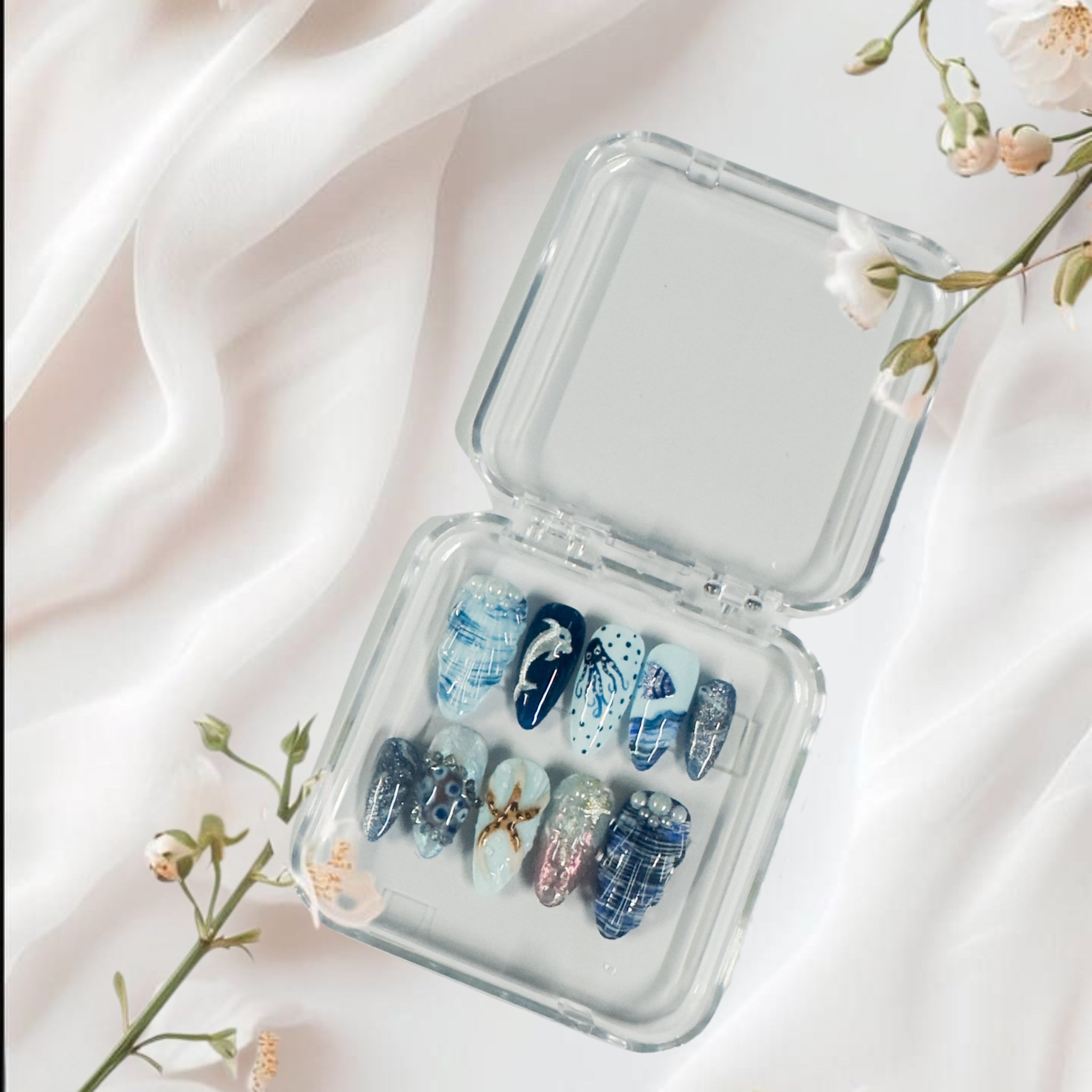 Oceanic Charm – Glossora Blue & Pearl Press-On Nails with Nautical Art
