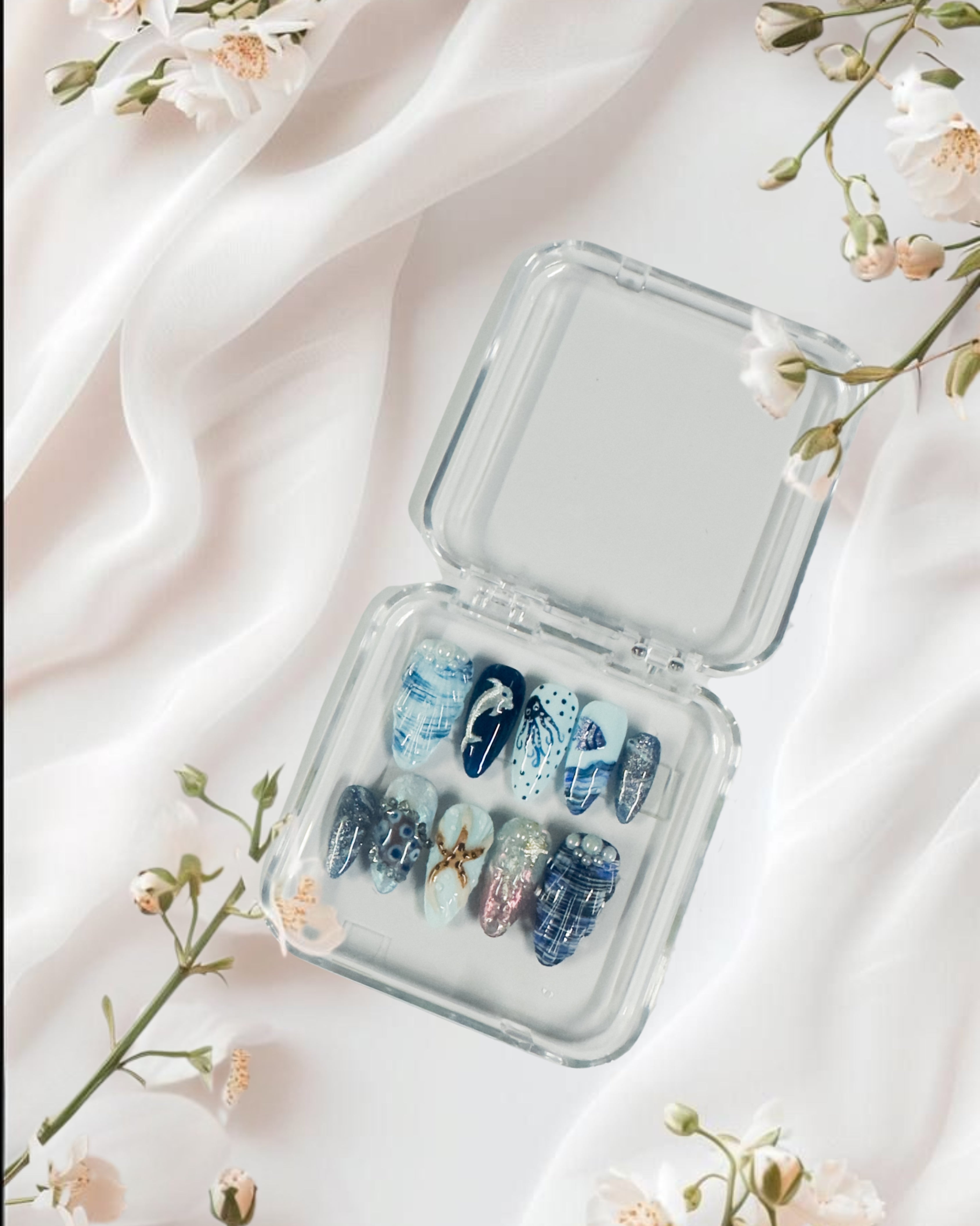 Oceanic Charm – Glossora Blue & Pearl Press-On Nails with Nautical Art