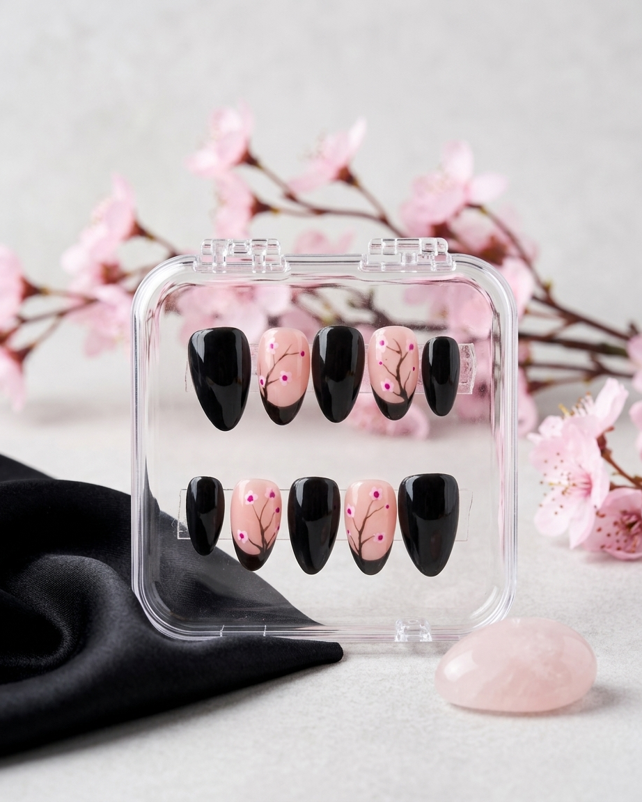 Black and blush floral handmade reusable press on nails
